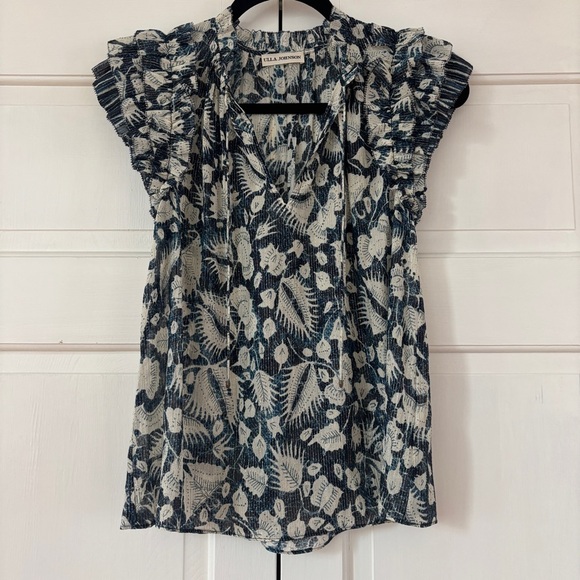 ULLA JOHNSON Dira‎ Top Indigo Metallic Ruffle Size 0 Flutter Sleeve Tassel Tie - Picture 3 of 16